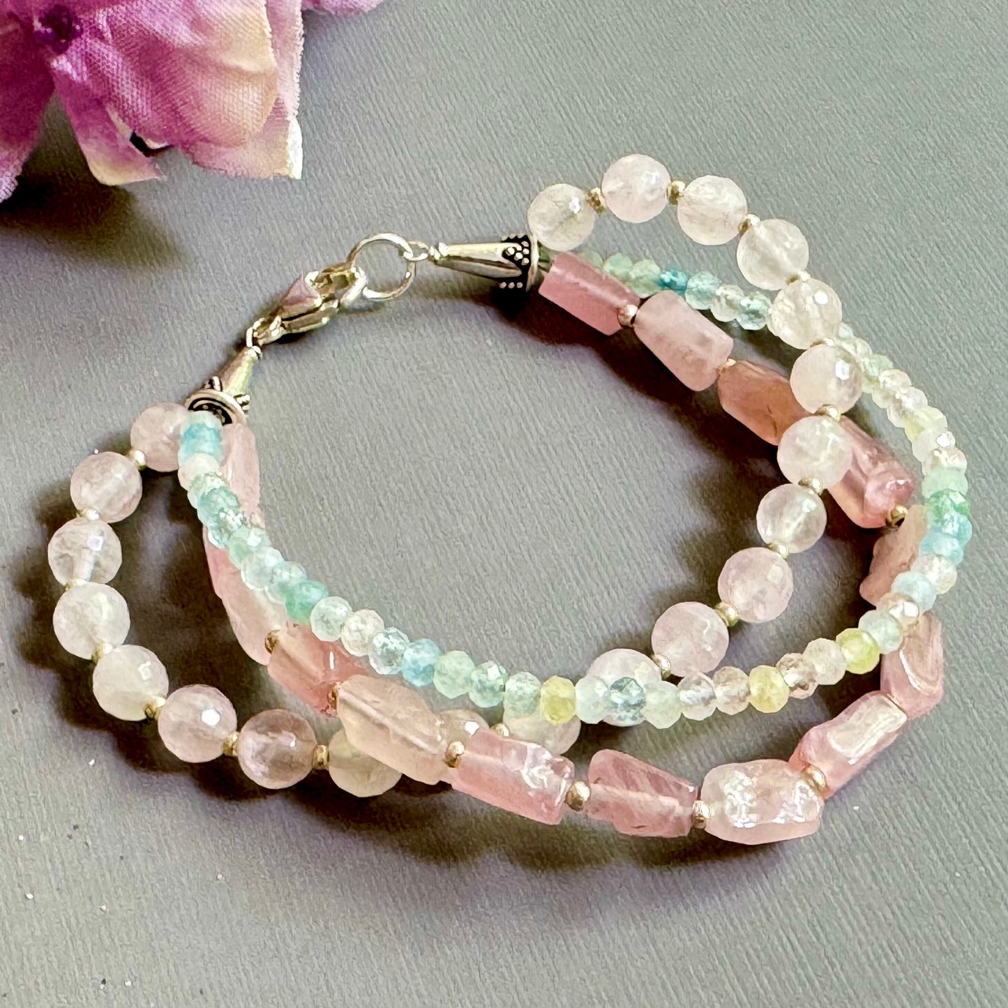 Three Strand Rose Quartz and Morganite Bracelet in Sterling Silver