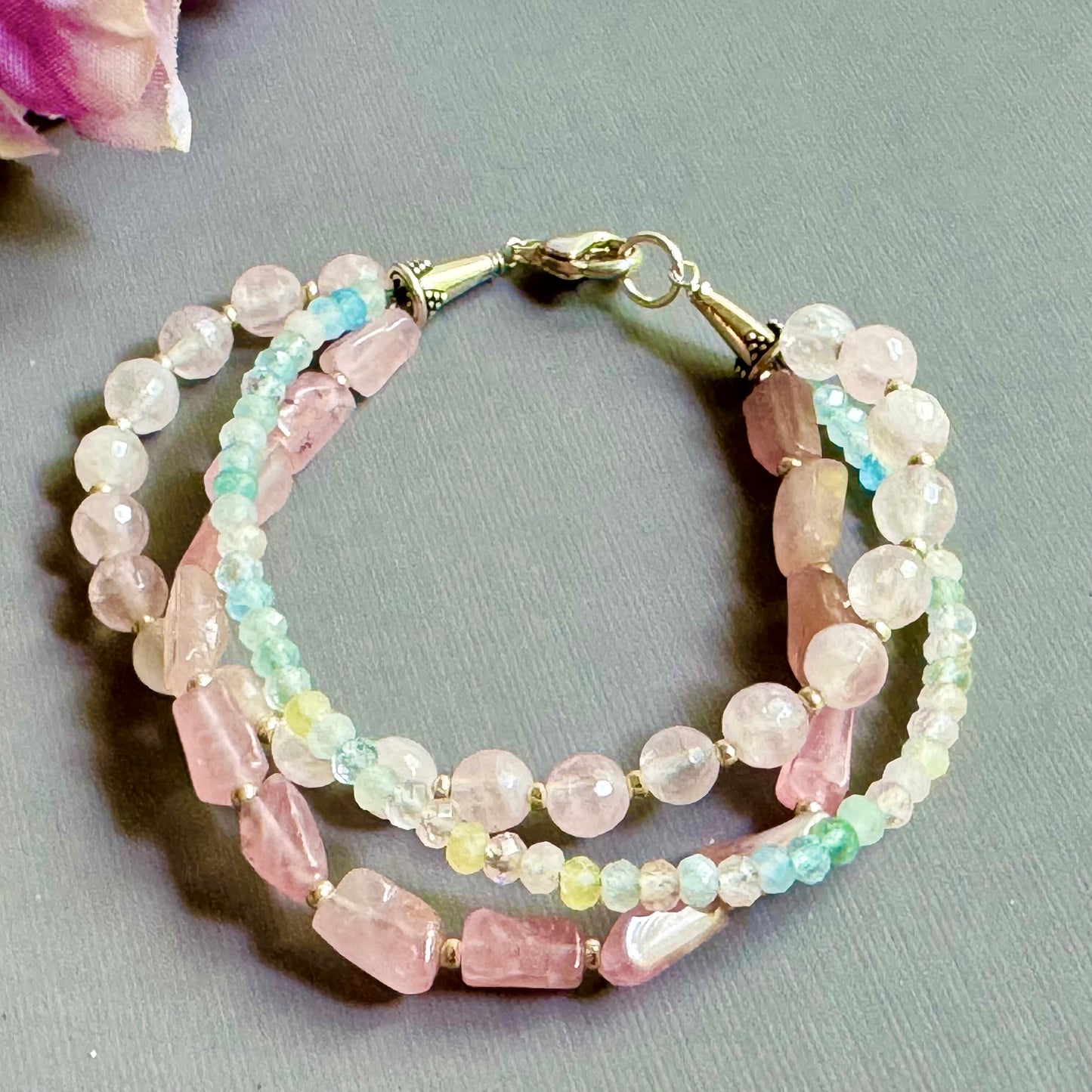 Three Strand Rose Quartz and Morganite Bracelet in Sterling Silver