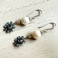 Freshwater Pearl and Vintage Light Blue Swarovski Crystal Drop Earrings