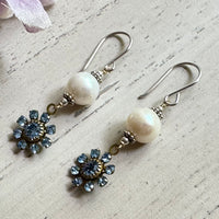 Freshwater Pearl and Vintage Light Blue Swarovski Crystal Drop Earrings