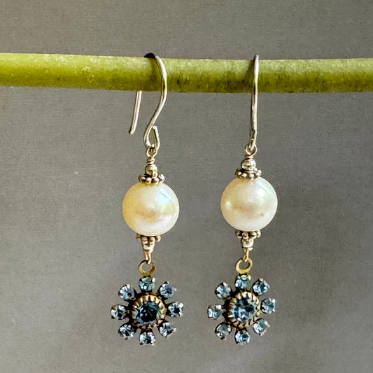 Freshwater Pearl and Vintage Light Blue Swarovski Crystal Drop Earrings