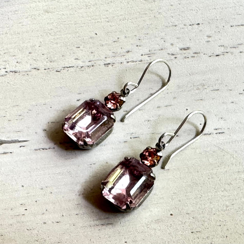 Vintage Rose Peach Octagon Drop Earrings in Sterling Silver