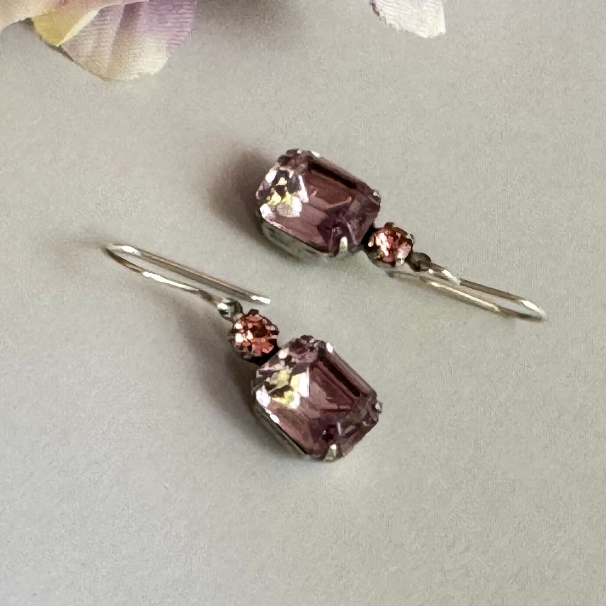 Vintage Rose Peach Octagon Drop Earrings in Sterling Silver