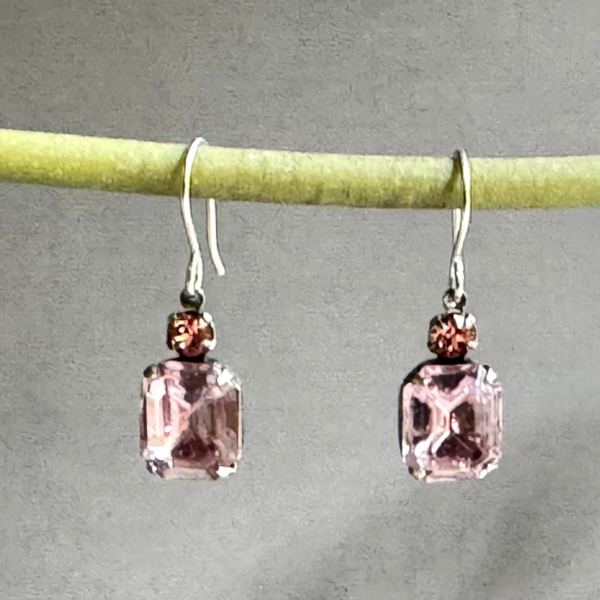 Vintage Rose Peach Octagon Drop Earrings in Sterling Silver