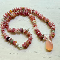 Pink Chalcedony Pendant Necklace with Tourmaline in Sterling Silver