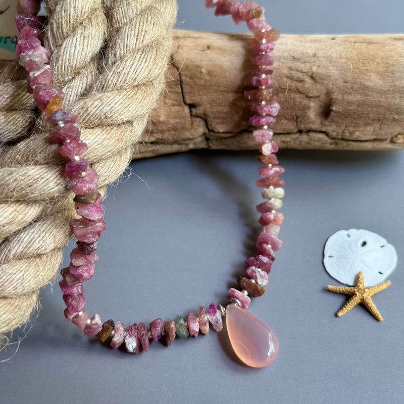 Pink Chalcedony Pendant Necklace with Tourmaline in Sterling Silver