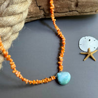 Larimar Pendant and Coral Necklace in Sterling Silver