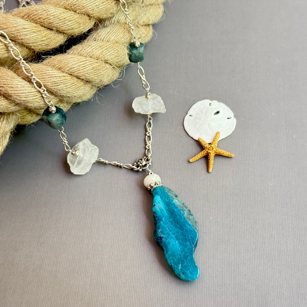 Long Multi Gemstone Sundance-Style Pendant Necklace in Sterling Silver