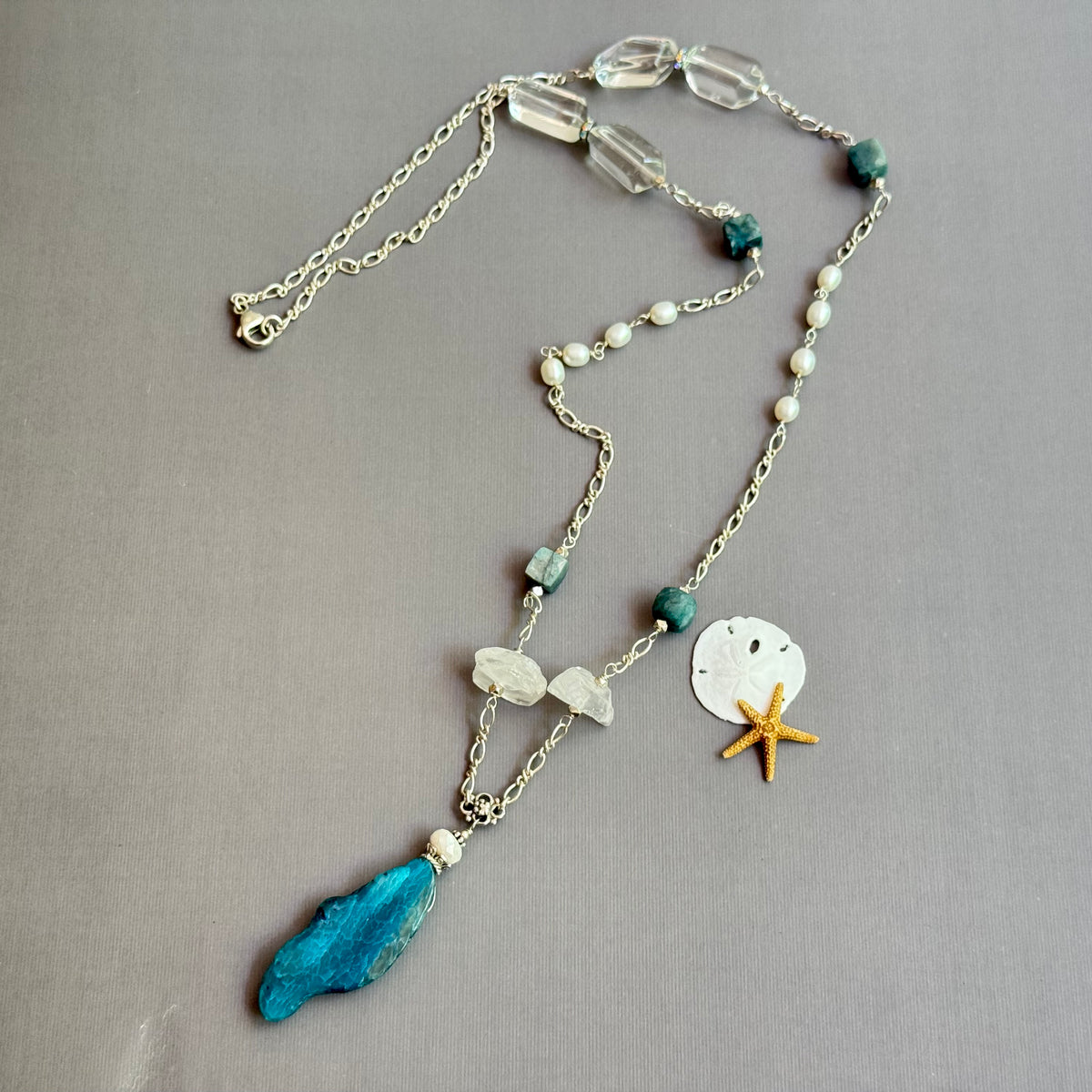 Long Multi Gemstone Sundance-Style Pendant Necklace in Sterling Silver