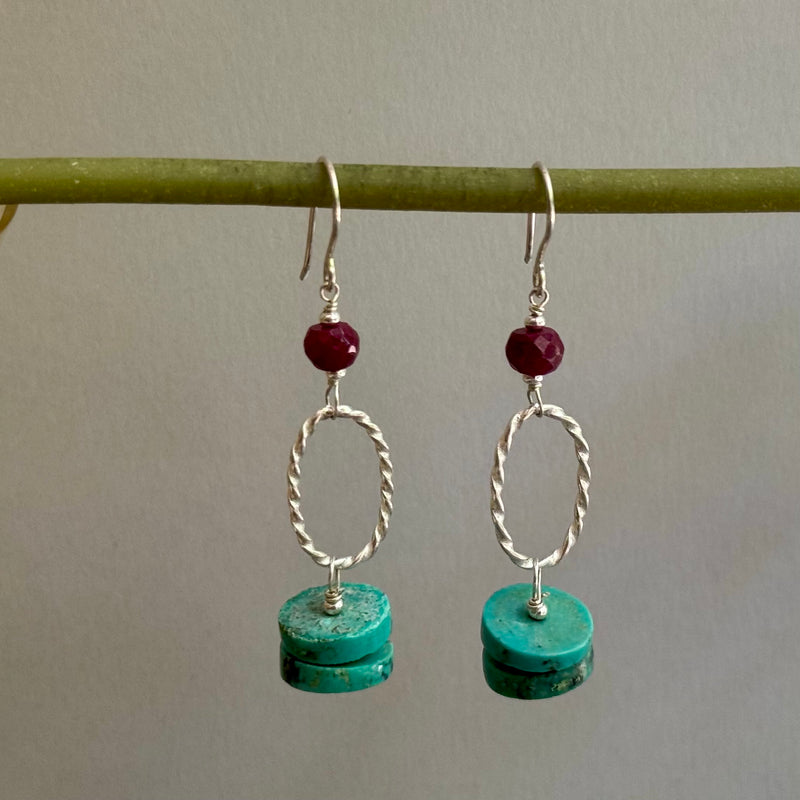 Turquoise and Ruby Earrings in Sterling Silver