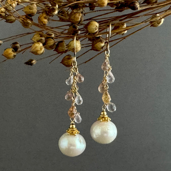 Freshwater Pearl and Sapphire Drop Earrings in 14K Gold Fill
