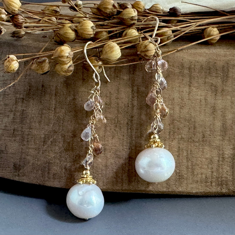 Freshwater Pearl and Sapphire Drop Earrings in 14K Gold Fill