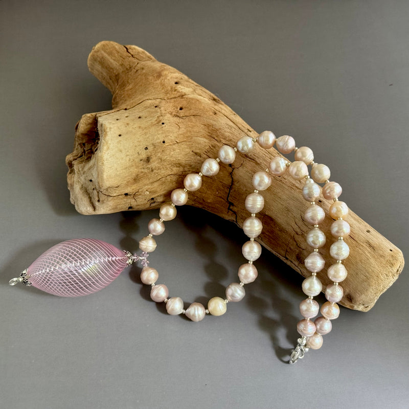 Huge Vintage Pink Murano Glass and Freshwater Pearl Necklace