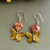 Red Hematoid Quartz and Brass Butterfly Earrings in Sterling Silver