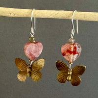Red Hematoid Quartz and Brass Butterfly Earrings in Sterling Silver