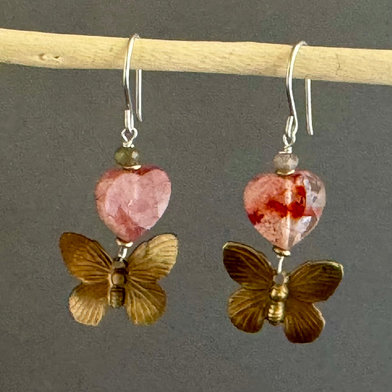 Red Hematoid Quartz and Brass Butterfly Earrings in Sterling Silver