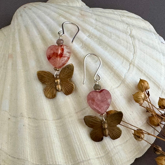 Red Hematoid Quartz and Brass Butterfly Earrings in Sterling Silver