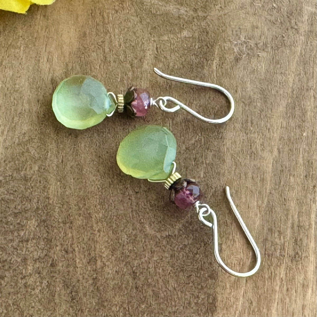 Green Quart and Pink Tourmaline Earrings in Sterling Silver