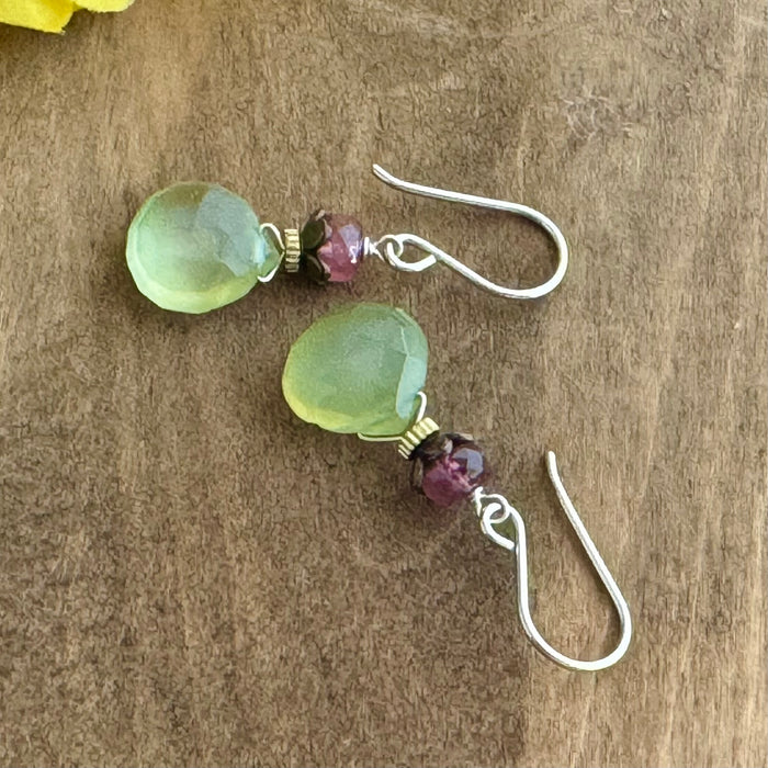 Green Quart and Pink Tourmaline Earrings in Sterling Silver