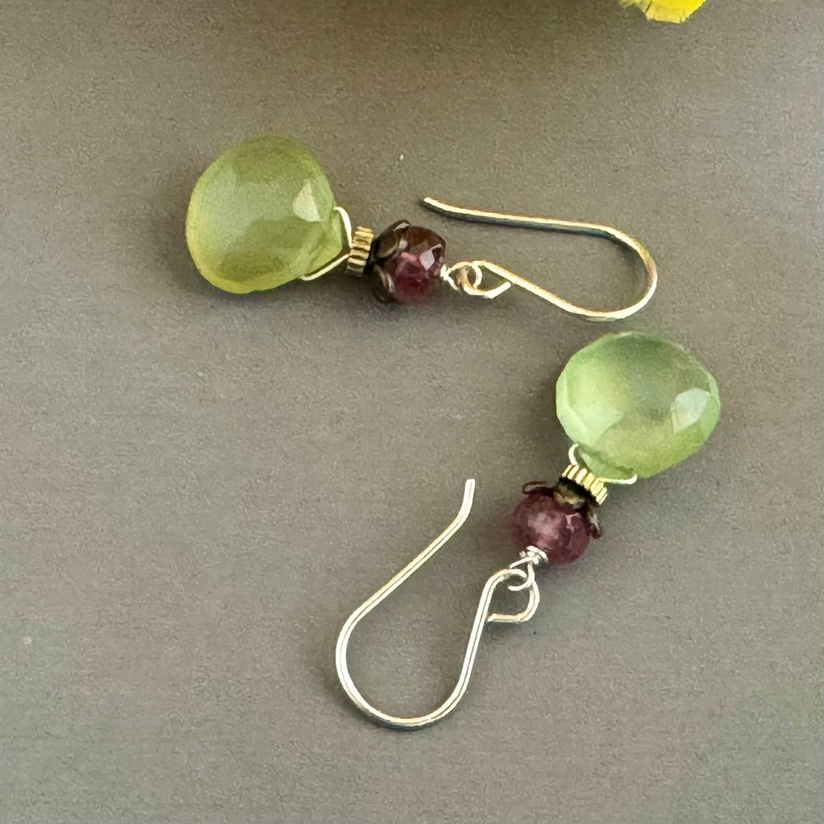 Green Quart and Pink Tourmaline Earrings in Sterling Silver