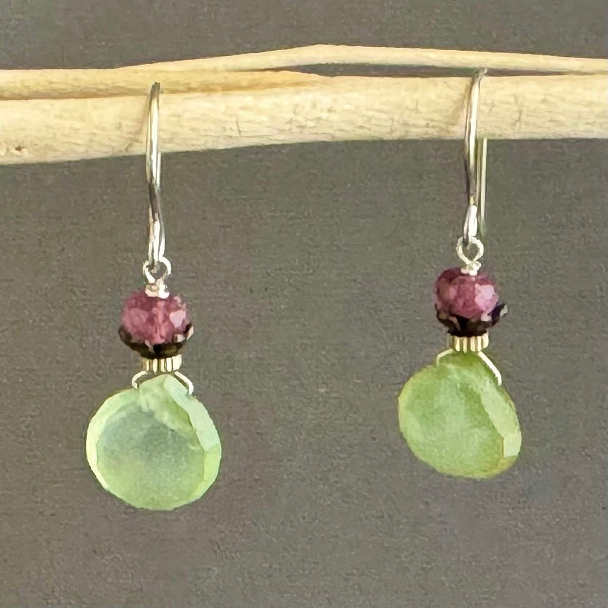 Green Quart and Pink Tourmaline Earrings in Sterling Silver