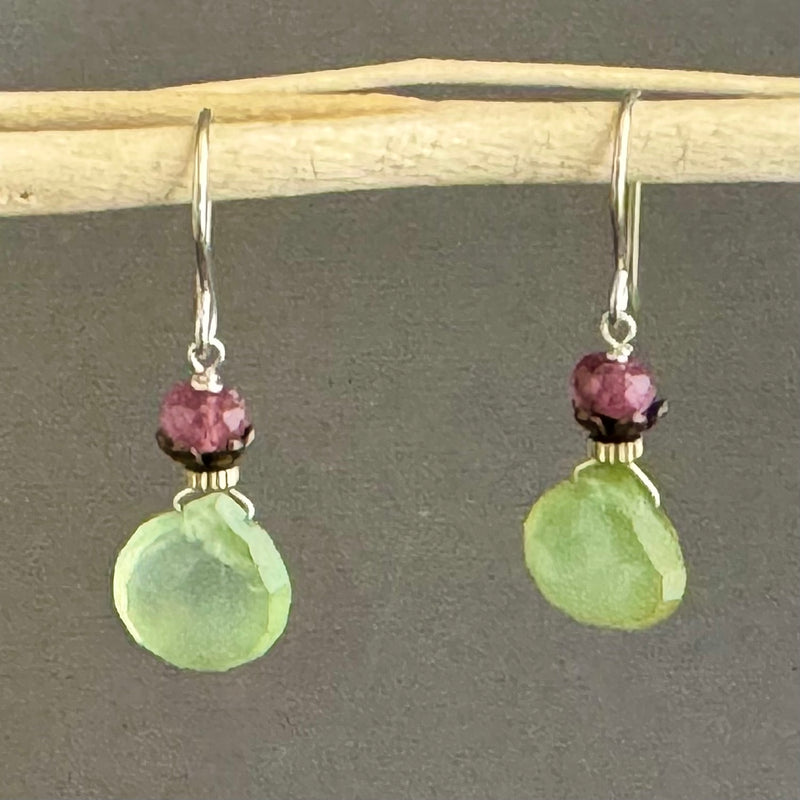 Green Quart and Pink Tourmaline Earrings in Sterling Silver