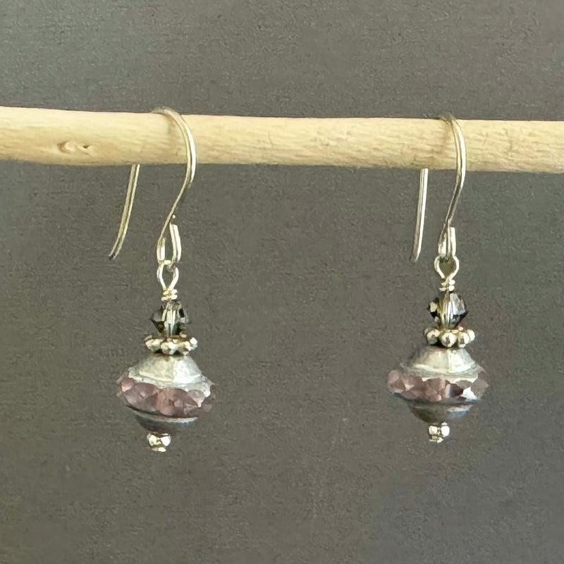 Czech Glass Pink and Silver Saturn Earrings in Sterling Silver