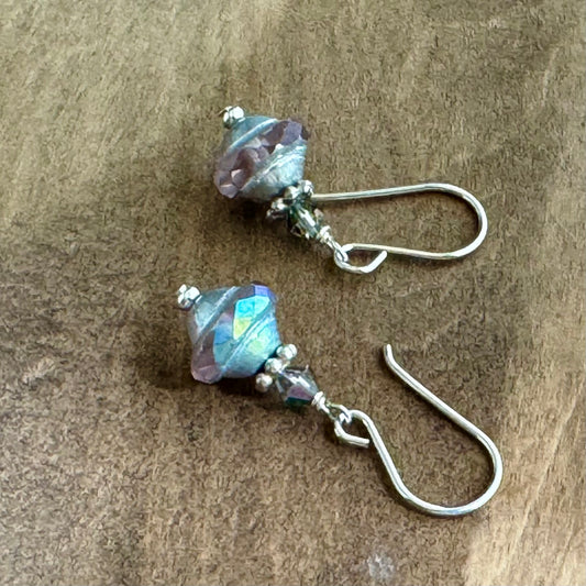 Czech Glass Pink and Silver Saturn Earrings in Sterling Silver