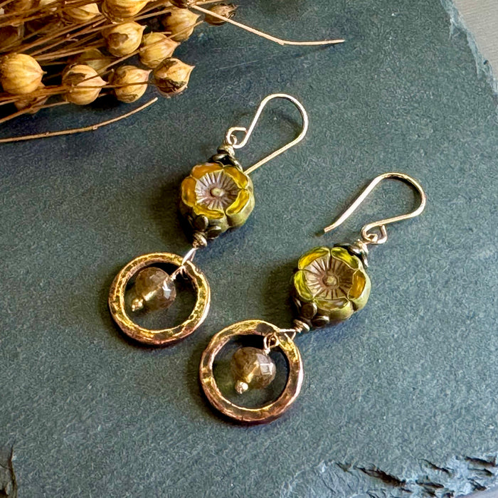 Czech Glass "Amber" Flower Copper Hoop Earrings in 14K Gold Fill