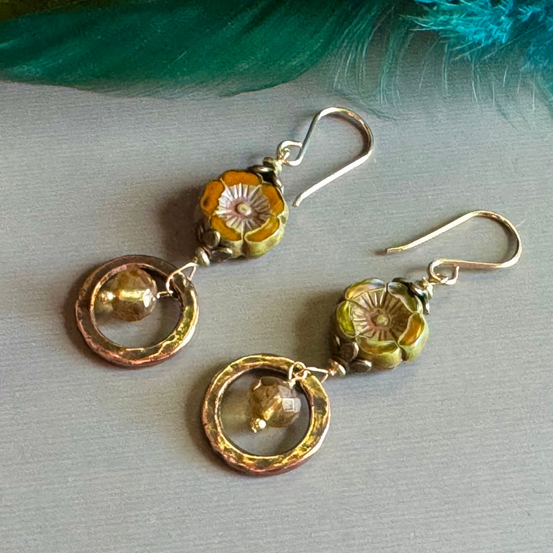 Czech Glass "Amber" Flower Copper Hoop Earrings in 14K Gold Fill