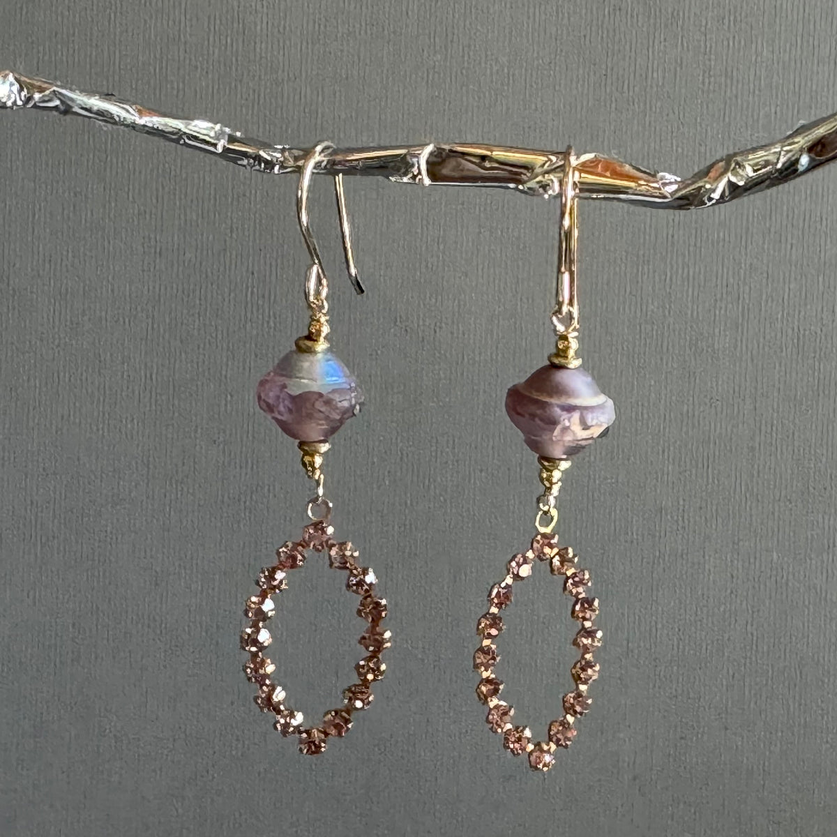Vintage Pink Marquis Swarovski Crystal and Czech Glass Earrings in 14K Gold Fill