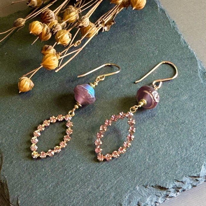 Vintage Pink Marquis Swarovski Crystal and Czech Glass Earrings in 14K Gold Fill