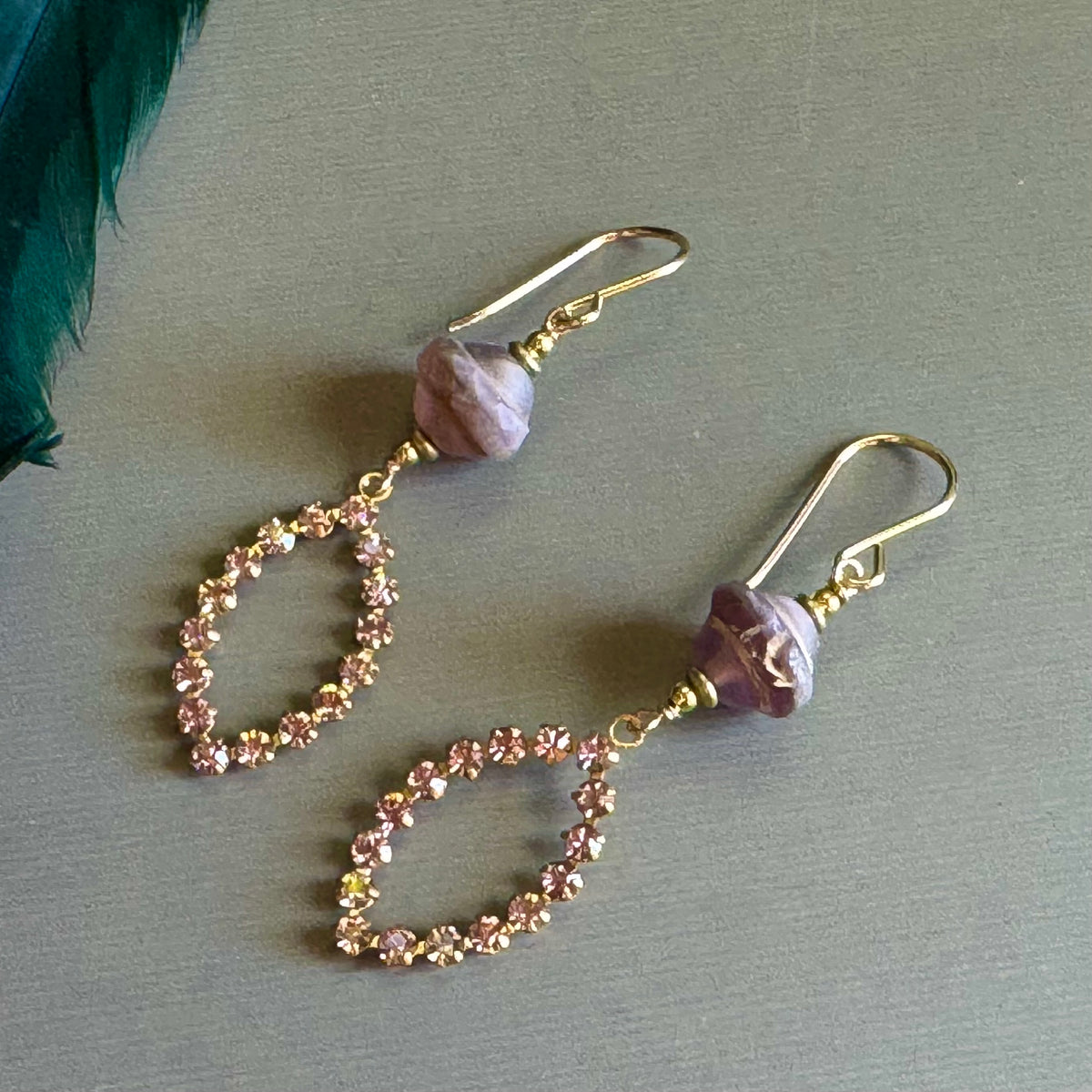 Vintage Pink Marquis Swarovski Crystal and Czech Glass Earrings in 14K Gold Fill