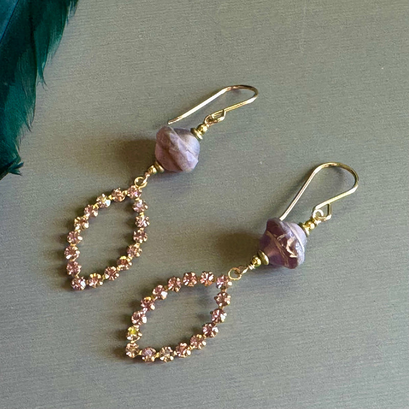 Vintage Pink Marquis Swarovski Crystal and Czech Glass Earrings in 14K Gold Fill