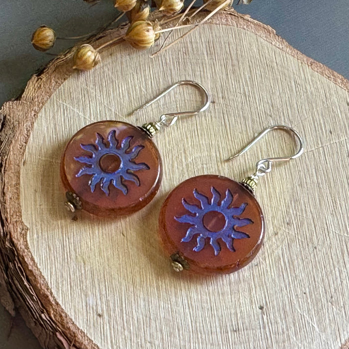 Huge Burnt Orange Czech Glass Coin Sun Bohemian Earrings in Sterling Silver