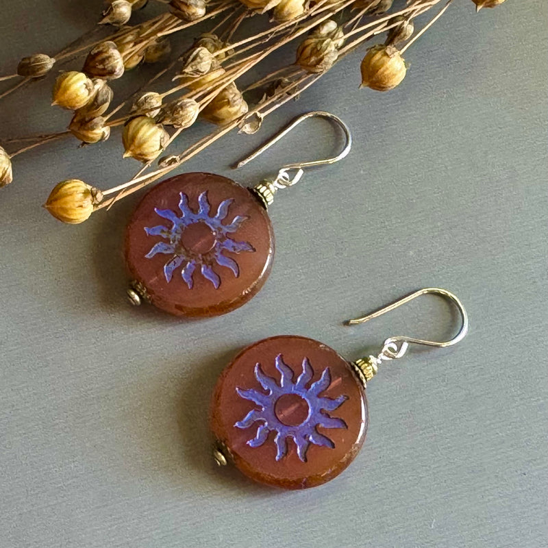 Huge Burnt Orange Czech Glass Coin Sun Bohemian Earrings in Sterling Silver