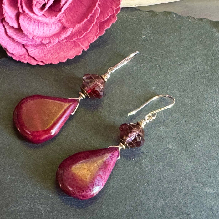 Red Jasper and Czech Glass Earrings in Sterling Silver