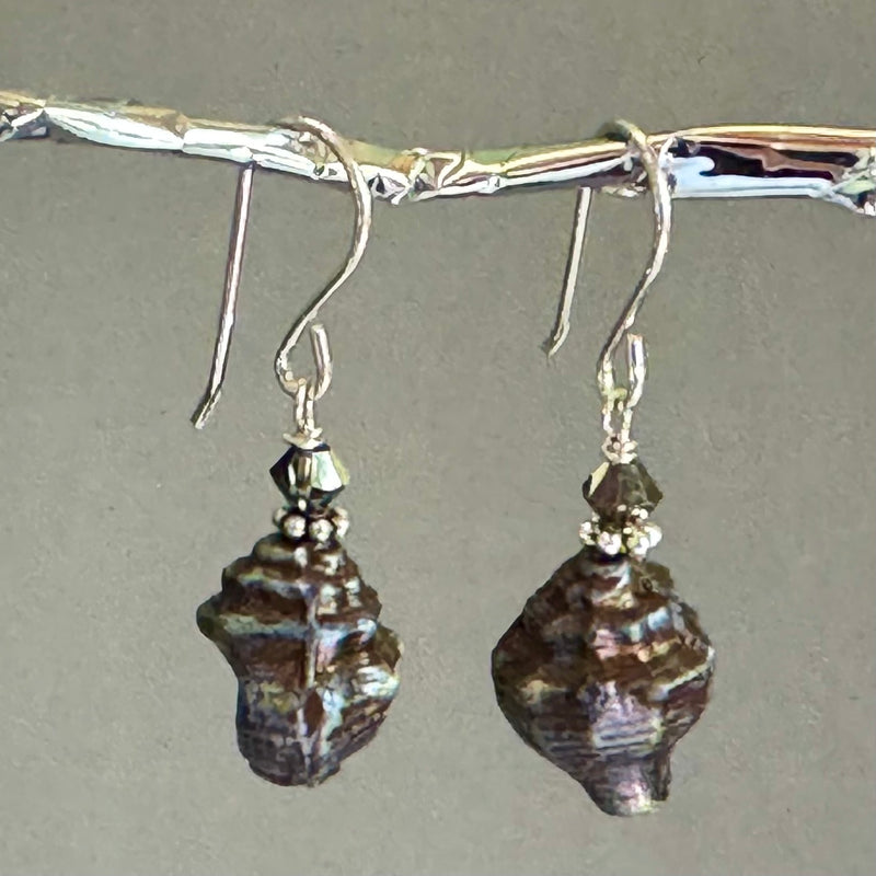 Czech Glass Silver Conch Shell Earrings in Sterling Silver