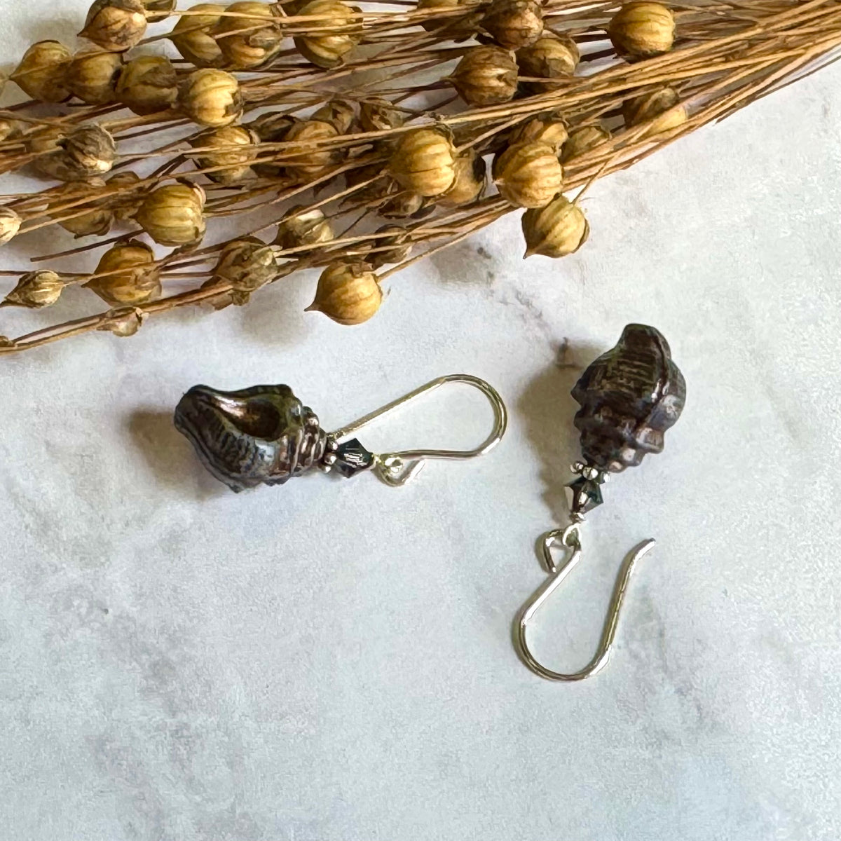 Czech Glass Silver Conch Shell Earrings in Sterling Silver