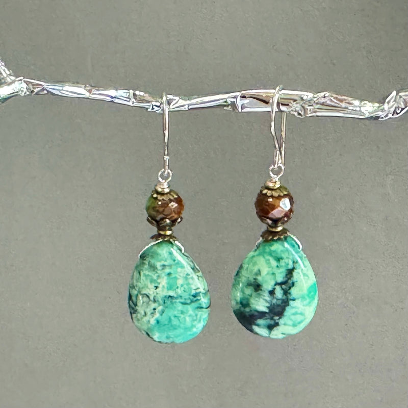 Turquoise and Czech Glass Earrings in Sterling Silver