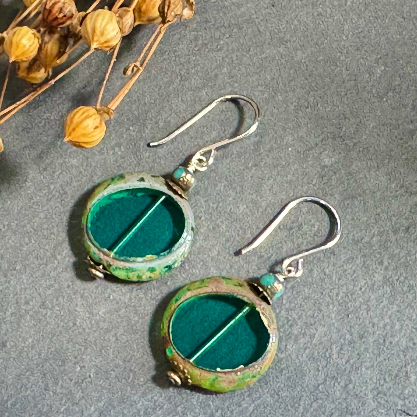 Czech Glass Green Window Bead Earring in Sterling Silver