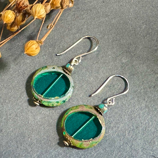 Czech Glass Green Window Bead Earring in Sterling Silver
