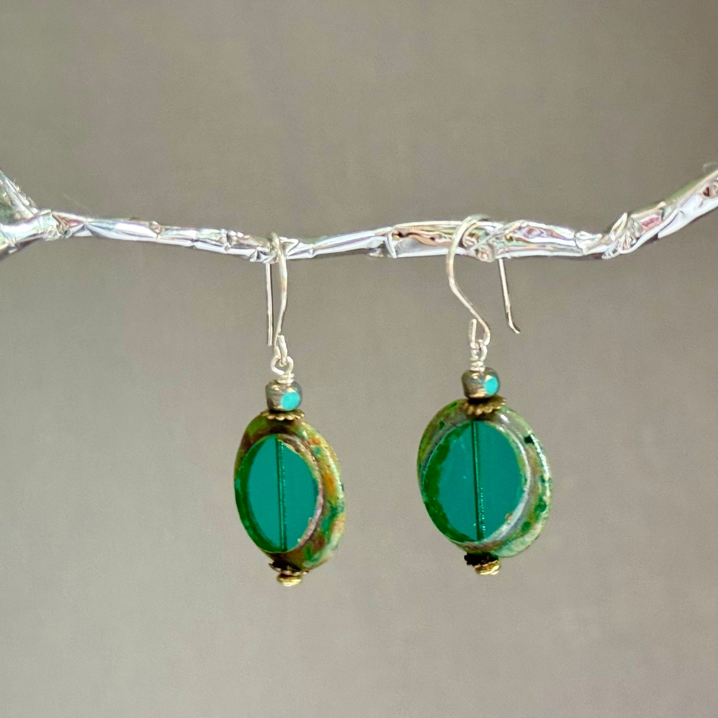 Czech Glass Green Window Bead Earring in Sterling Silver