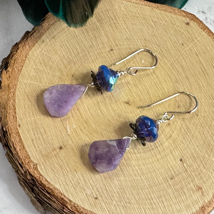 Czech Glass and Lepidolite Earrings in Sterling Silver