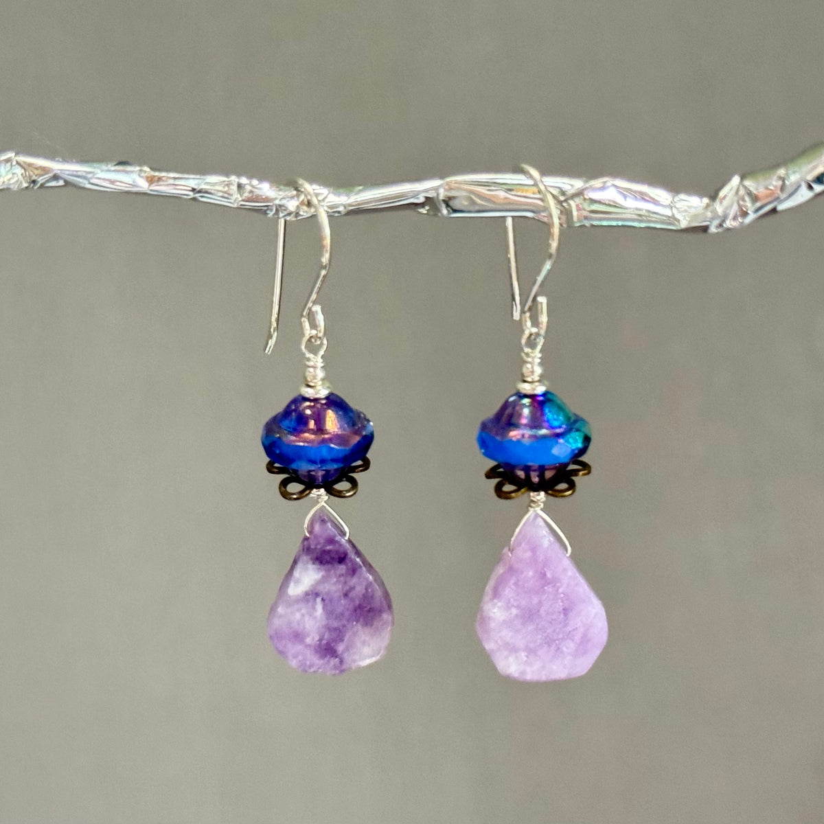 Czech Glass and Lepidolite Earrings in Sterling Silver
