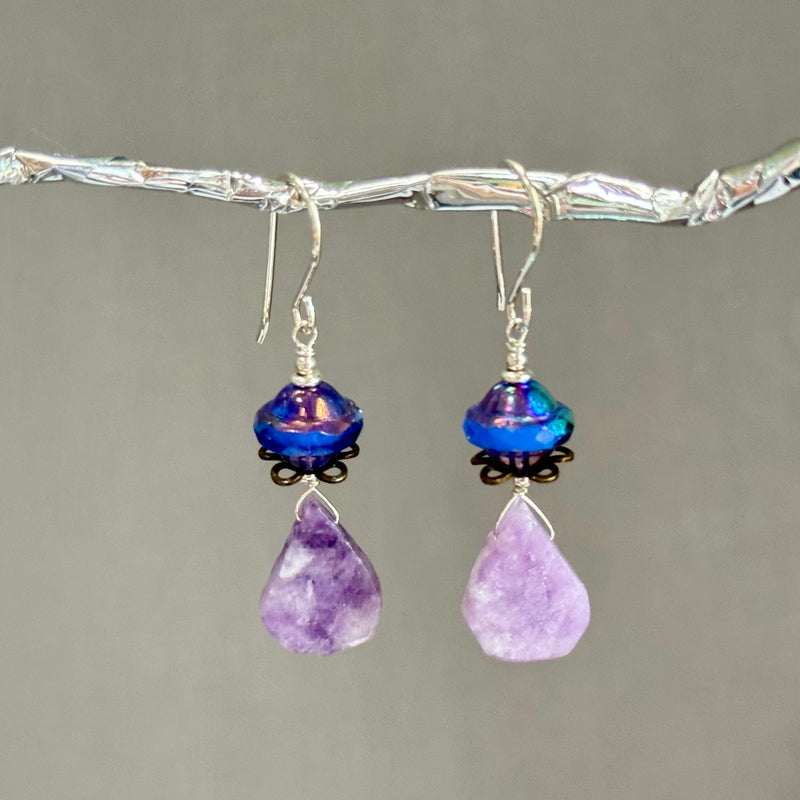 Czech Glass and Lepidolite Earrings in Sterling Silver