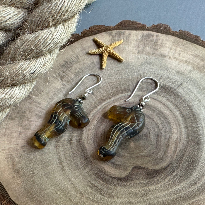Czech Glass Tortoise Shell Sea Horse Earrings in Sterling Silver