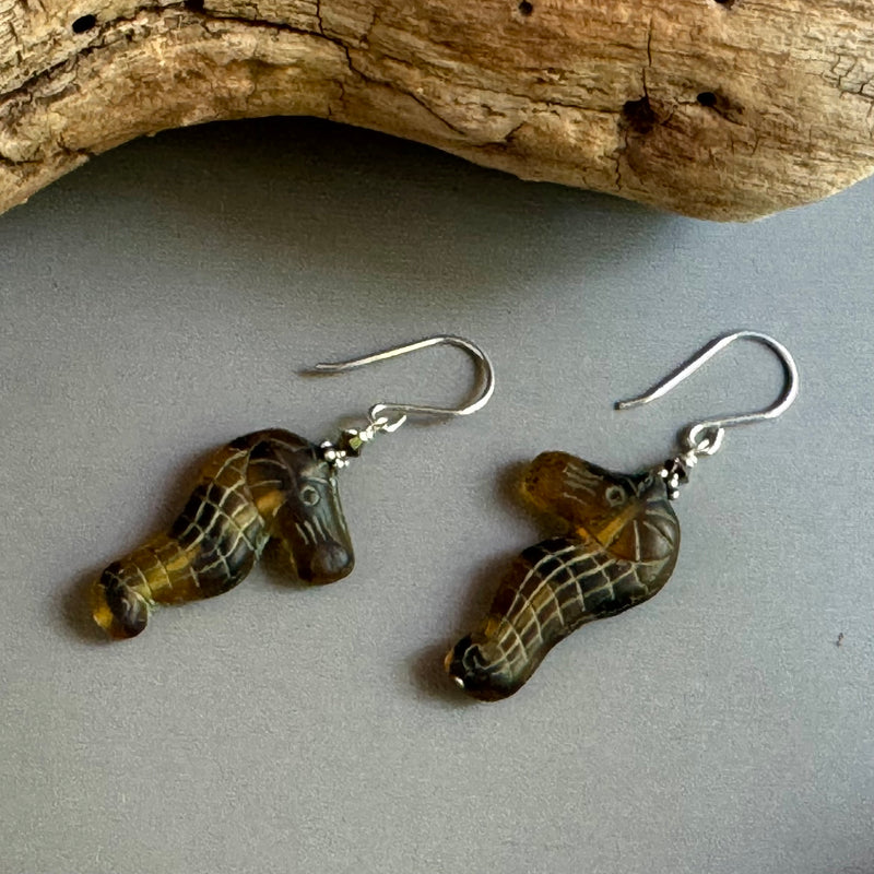 Czech Glass Tortoise Shell Sea Horse Earrings in Sterling Silver