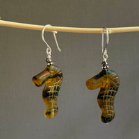 Czech Glass Tortoise Shell Sea Horse Earrings in Sterling Silver
