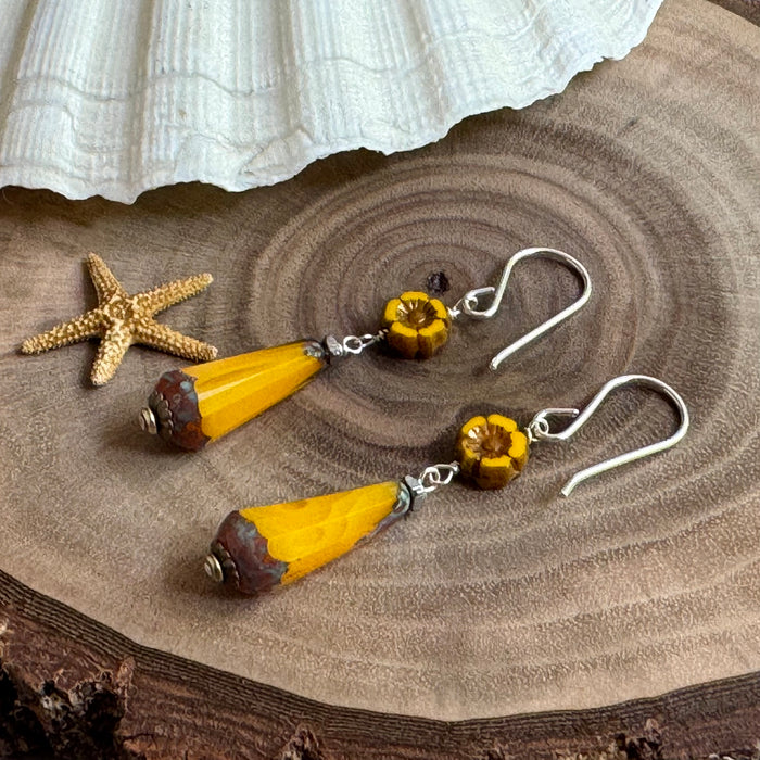 Czech Glass Yellow Dangle Earrings in Sterling Silver